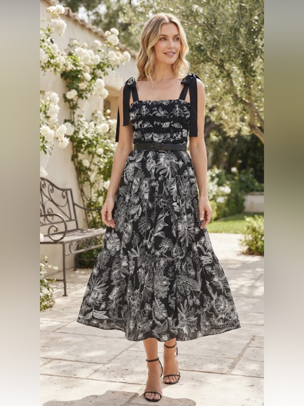 New El Season Black & White Floral Midi Dress with Tie Straps  cotton size M